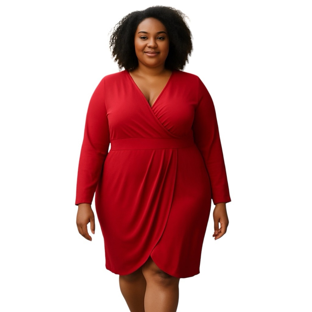 Poseshe Womens Dress 2XL Red Deep V-Neck Plus Size Sexy Bodycon Faux Wrap NWT
